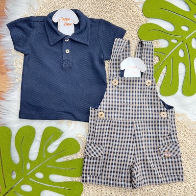 Conj. Camisa e Jardineira Xadrez - Marinho e Areia